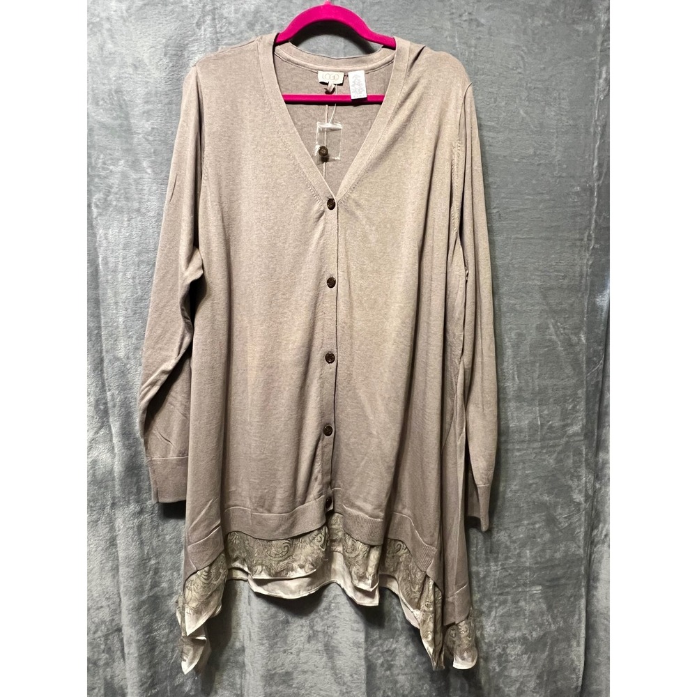 LOGO‎ Lori Goldstein 3X Cardigan Sweater Taupe Lace Trim Layered Boho Chic NEW